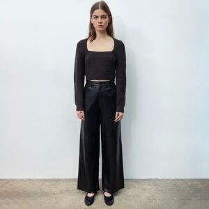 ZARA Ribbed Cropped Knit Top Square Neck Long Sleeve Charcoal Gray